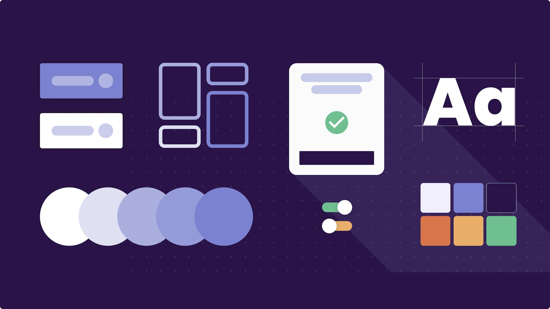 Elements of a design system, set on a dark purple background.