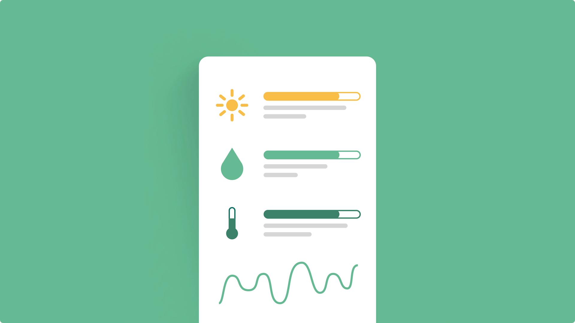 Illustration of a smartphone screen showing stats for sun, rain and temperature with a graph