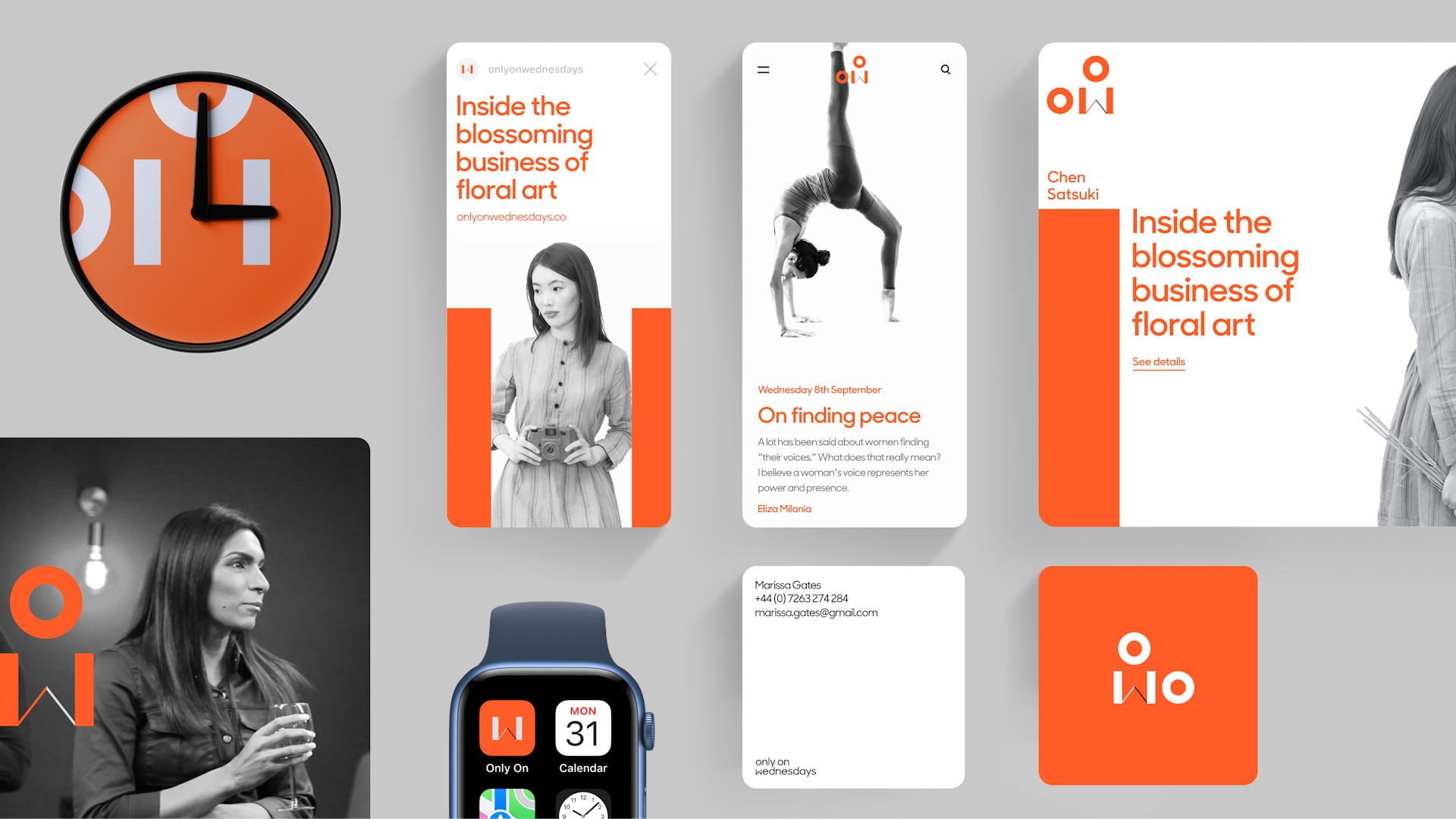 Black, white and orange Only on Wednesdays branded assets assembled from Apple watch icon to business cards