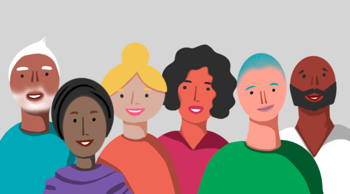 An illustration of a group of people, all shown smiling and wearing different coloured tops.