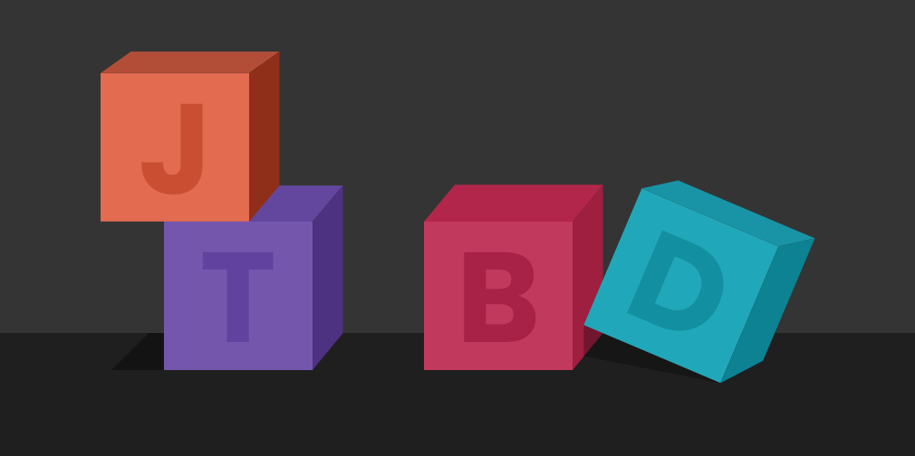 Illustration of four cubes in orange, purple, red and blue with the letters J, T, B and D etched onto them