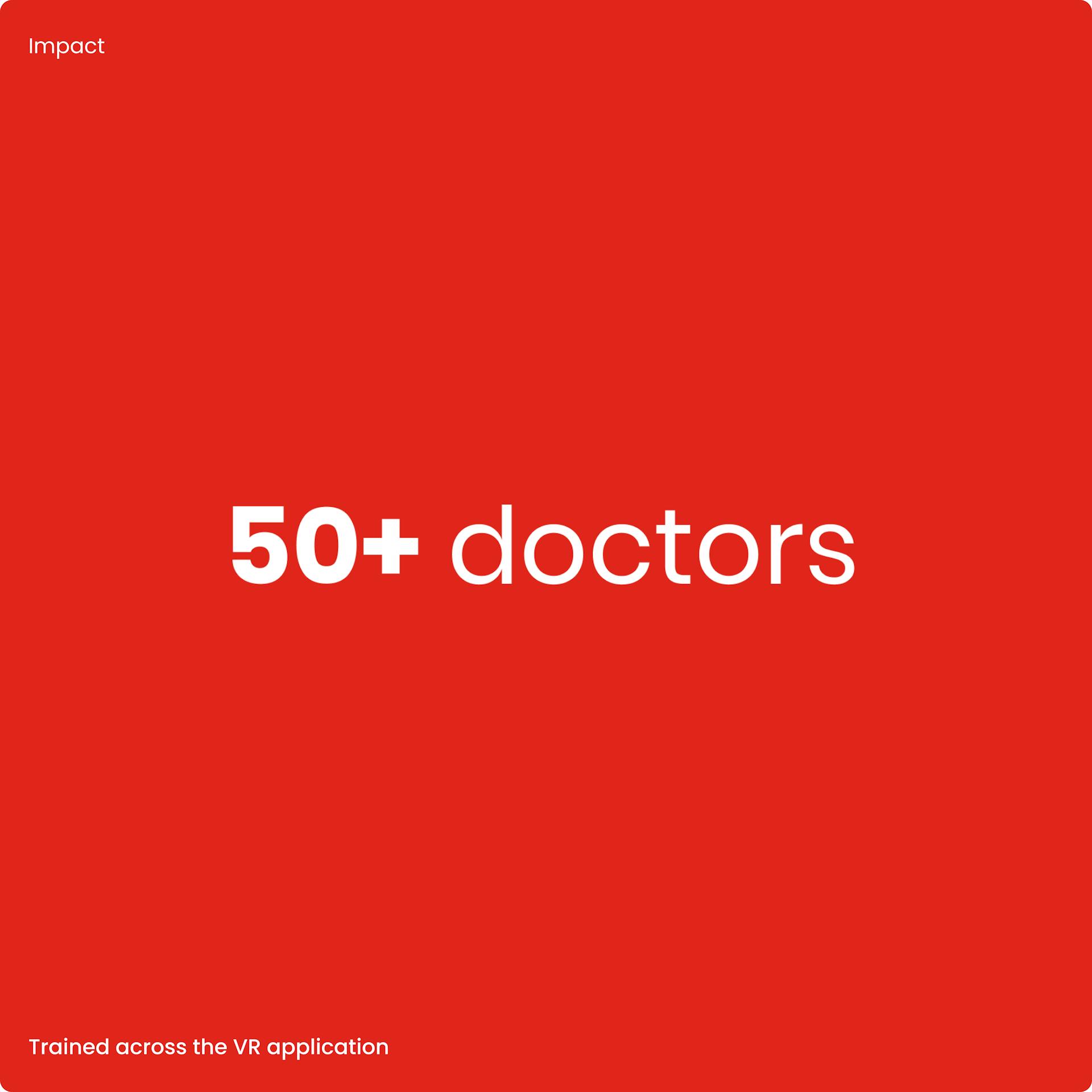 The text "50+ doctors" shown in white on a red background, with footnote text that reads "Trained across the VR application".