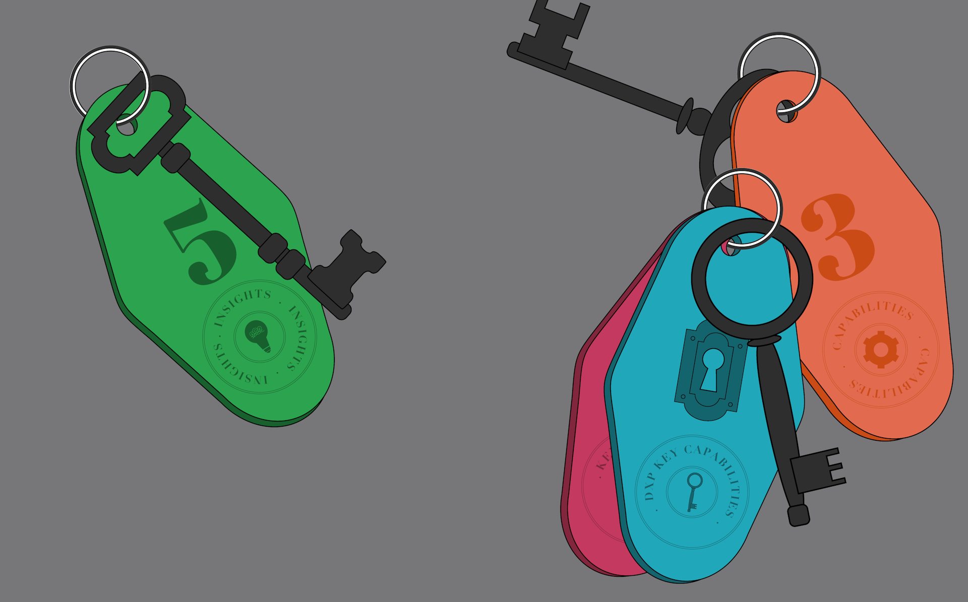 An illustration of three keys, each attached to a colourful keyring.
