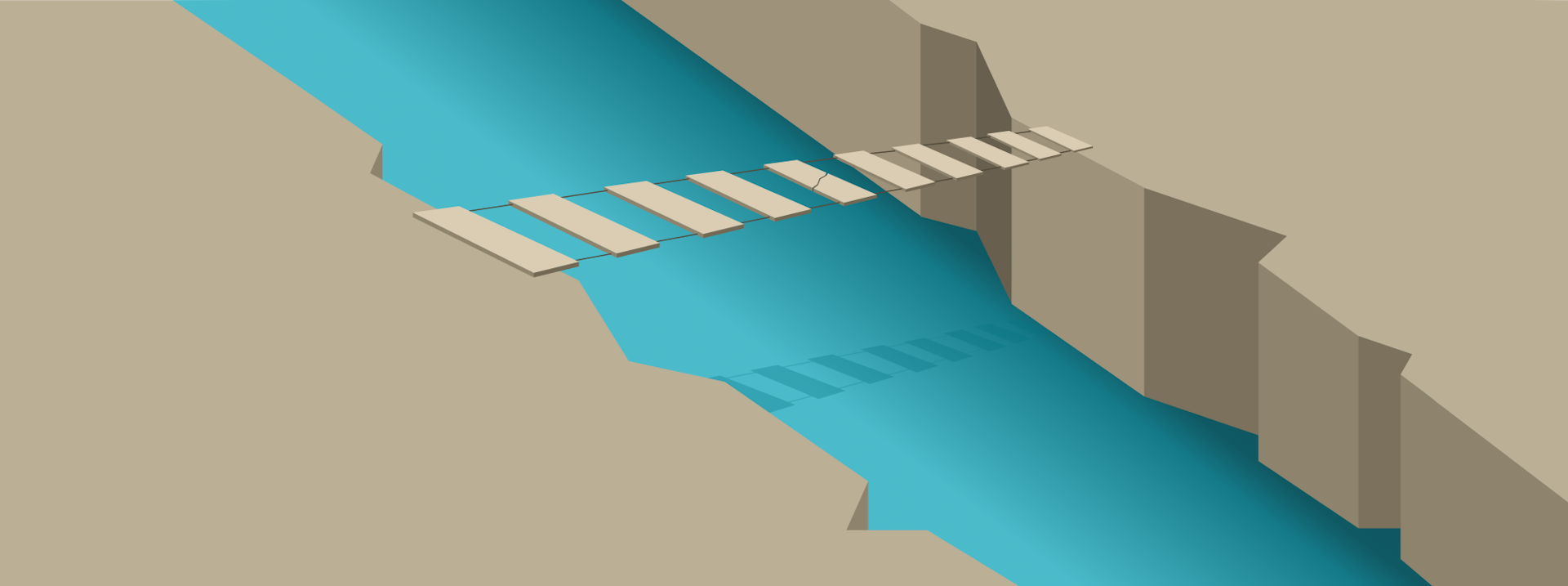Illustration of a rope bridge across a canyon river.