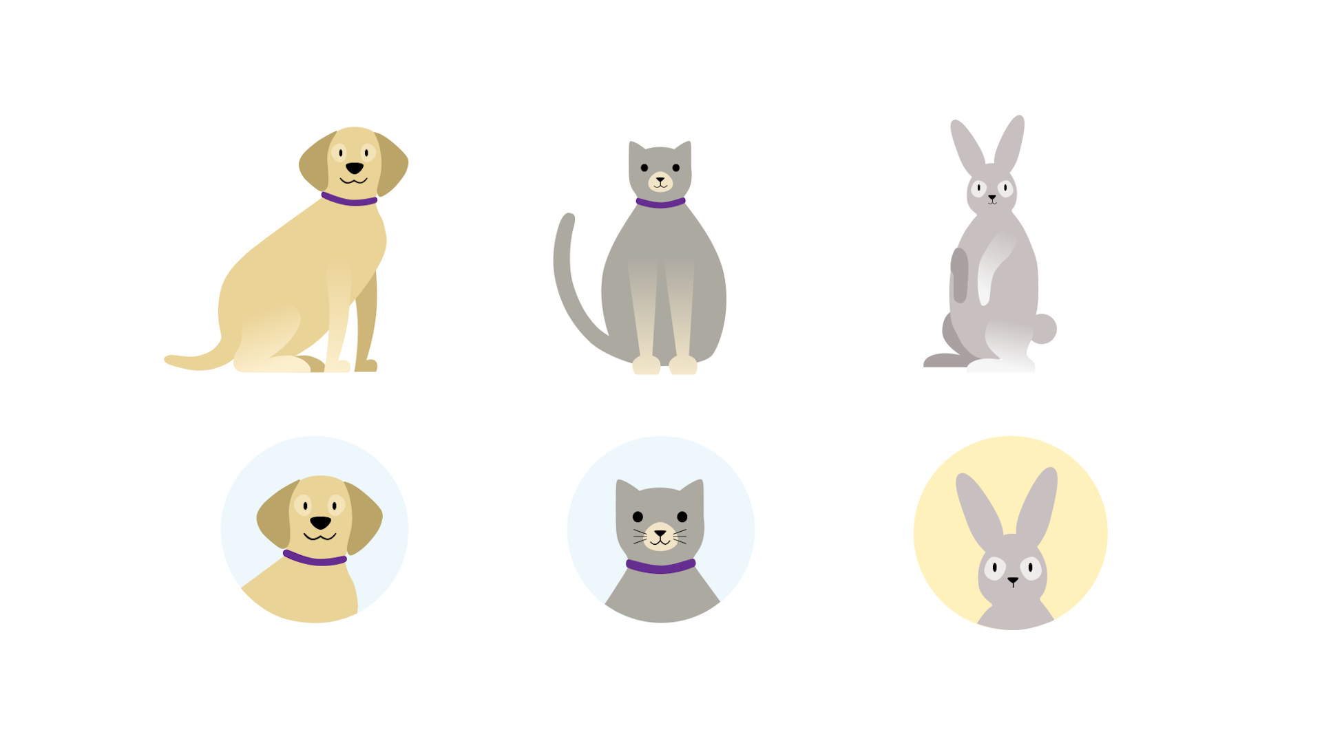 Rounded illustrations of a dog, cat and rabbit, with the row below showing their faces framed on blue and yellow circular backgrounds.