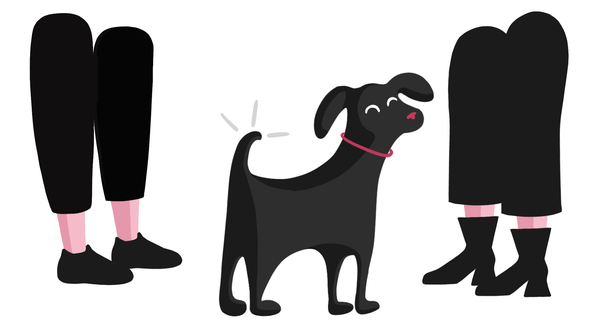 Illustration of black dog wearing a red collar standing between two pairs of human legs