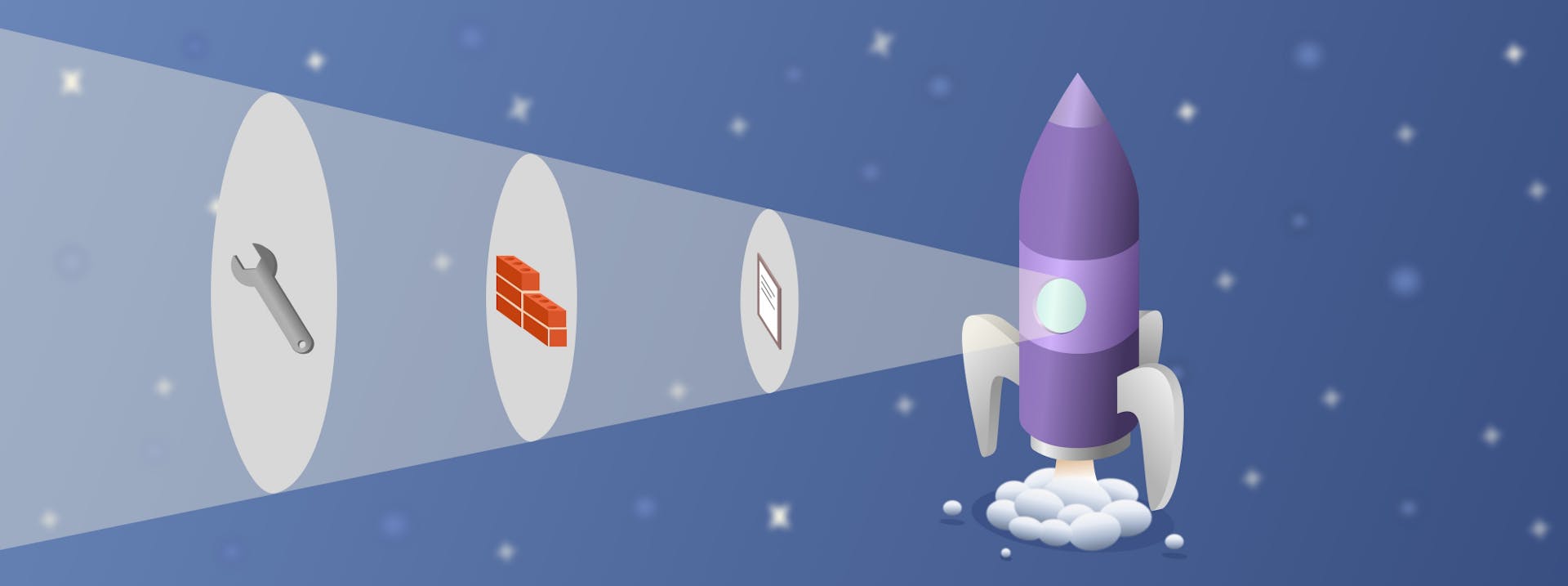 Illustration of a purple rocket taking off with a beam of light shining out of the window and illuminating items including a spanner and a pile of bricks