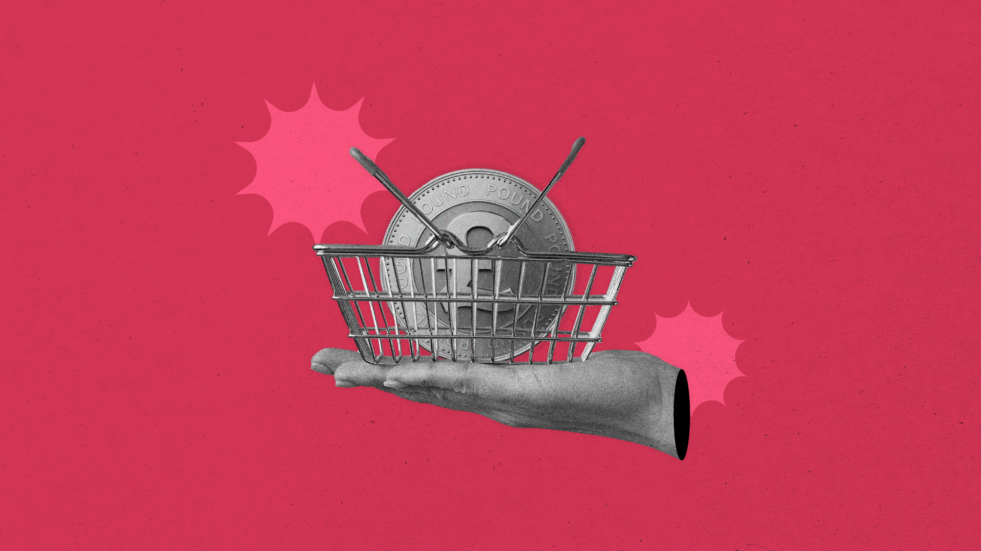 A collage image of a hand holding a shopping basket with a large coin in it on a pink background.