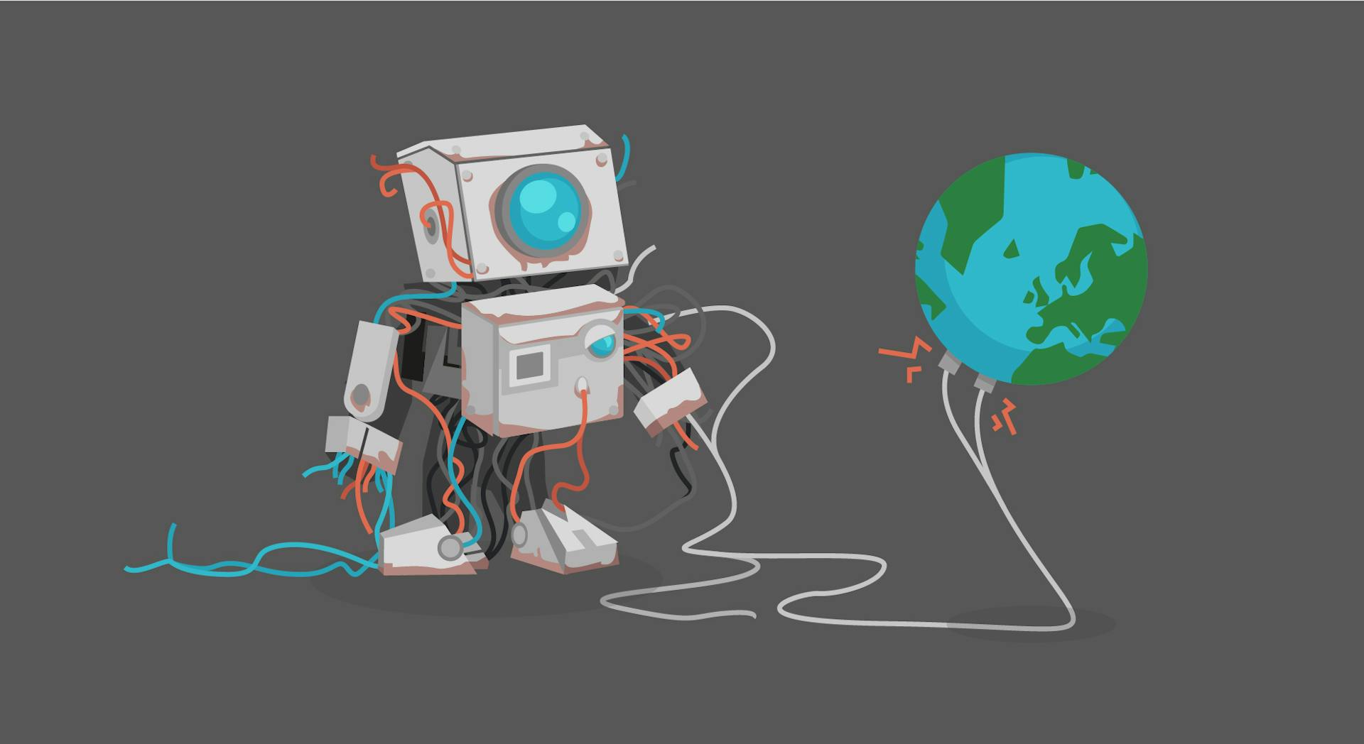 A rusty robot, plugged into a floating globe