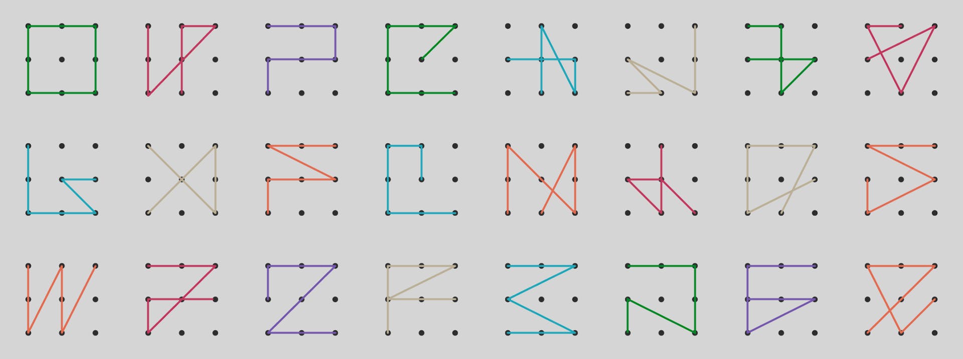 Illustration of a grid with symbols drawn in colourful lines between the dots