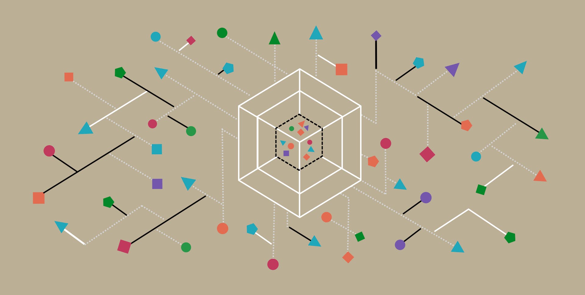Abstract illustration of a white outline of a cube with arrows and shapes all around it