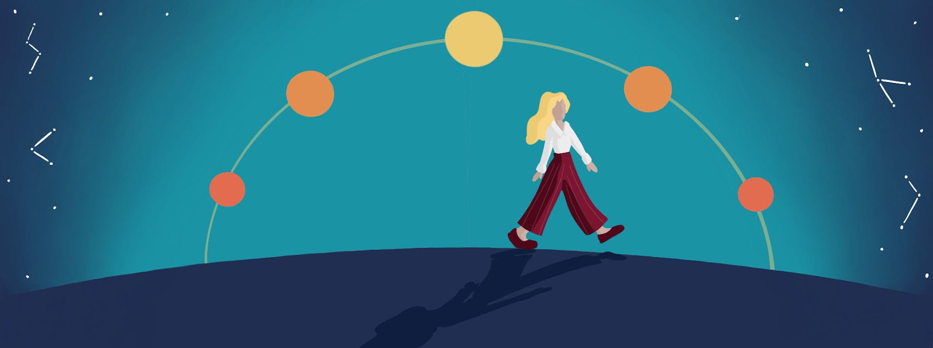 Illustration of a woman walking over the planet with the sun moving across the sky and stars and constellations in the background