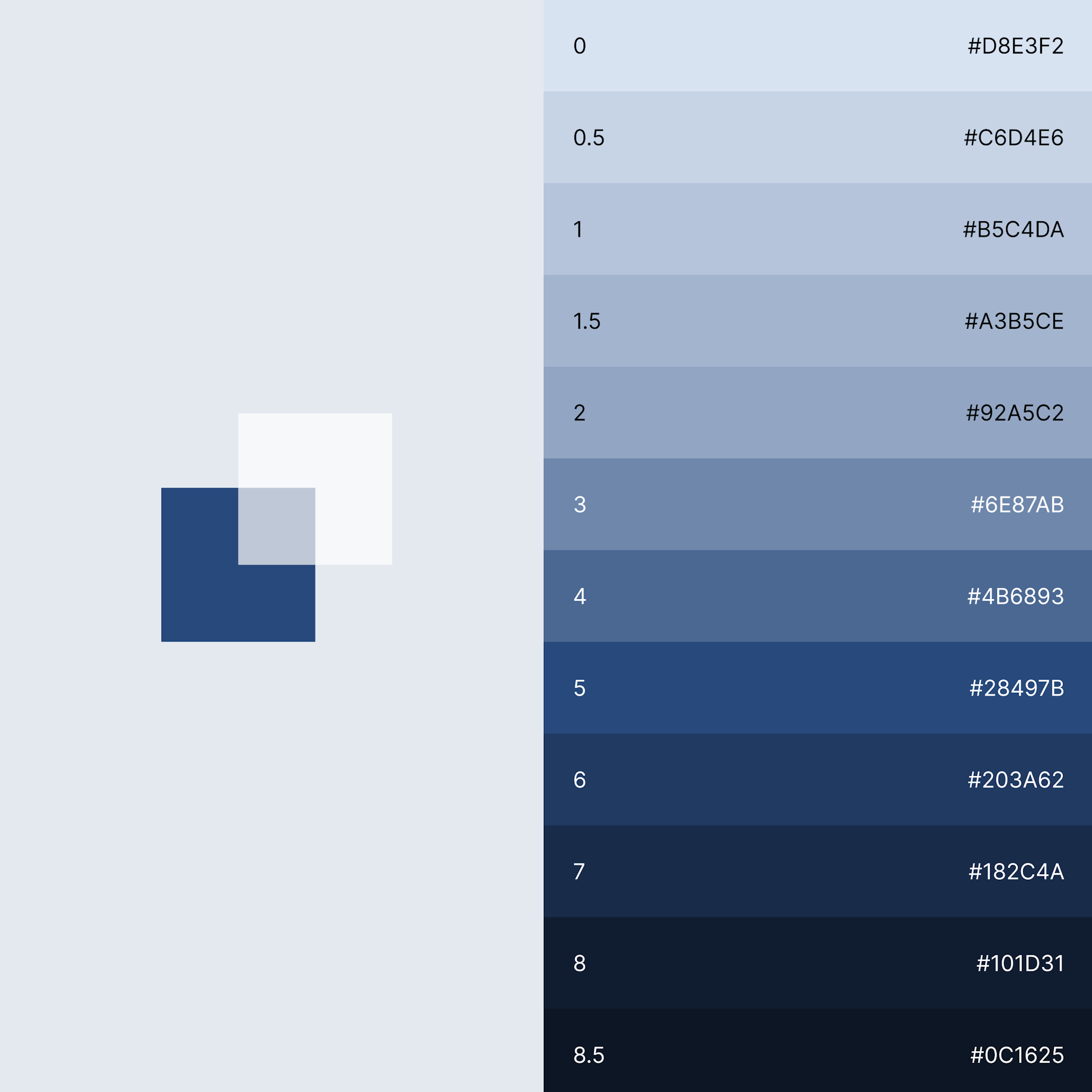 A colour palette showing different shades of blue, from lightest to darkest. 