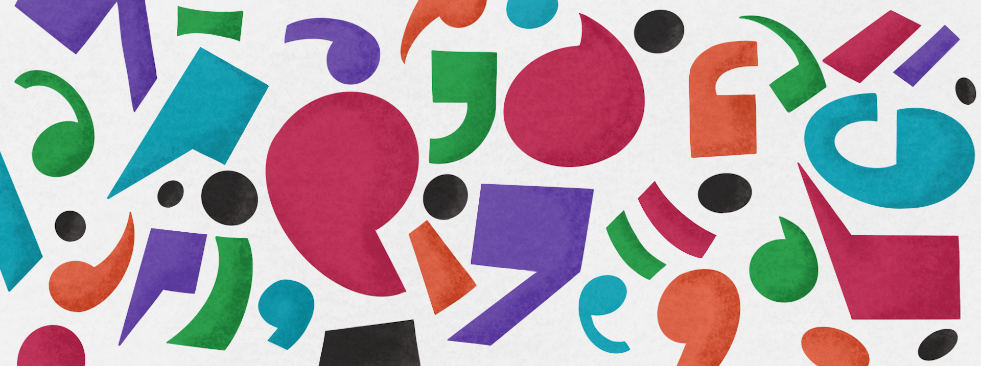 Abstract illustration of speech marks and other shapes in red, purple, green, orange and blue