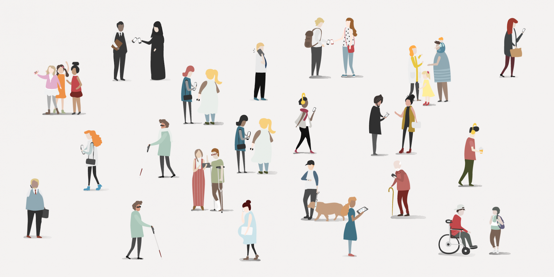 Illustration of a large crowd of people of all ages including people in wheelchairs, pregnant people and people walking dogs, many are together and talking in groups