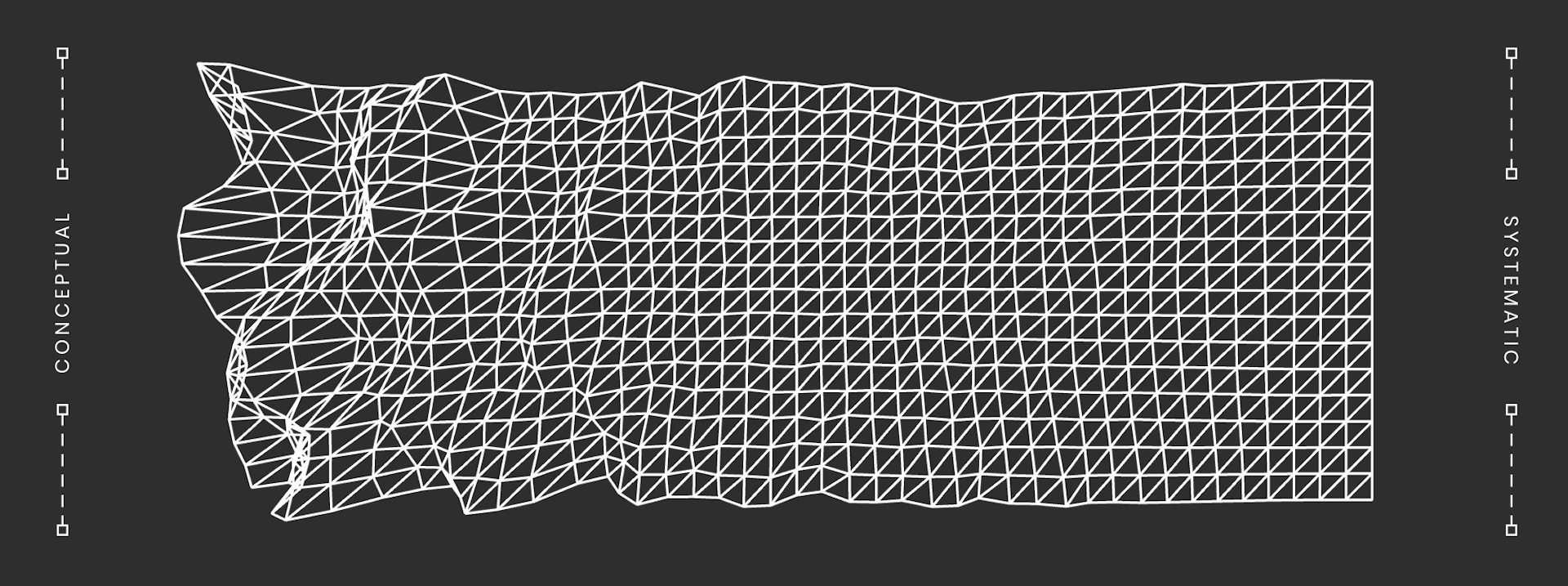 Illustration of a a white grid on a black background. On the left hand side it's crinkled into 3D folds and shapes and on the right hand side it's flat and 2D