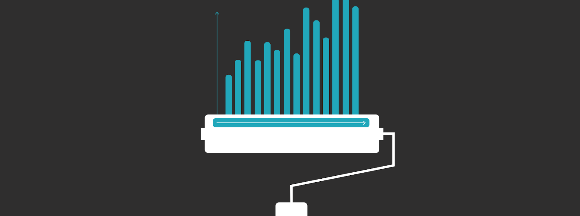 Abstract illustration of a white paint roller applying a blue bar chart onto a black background