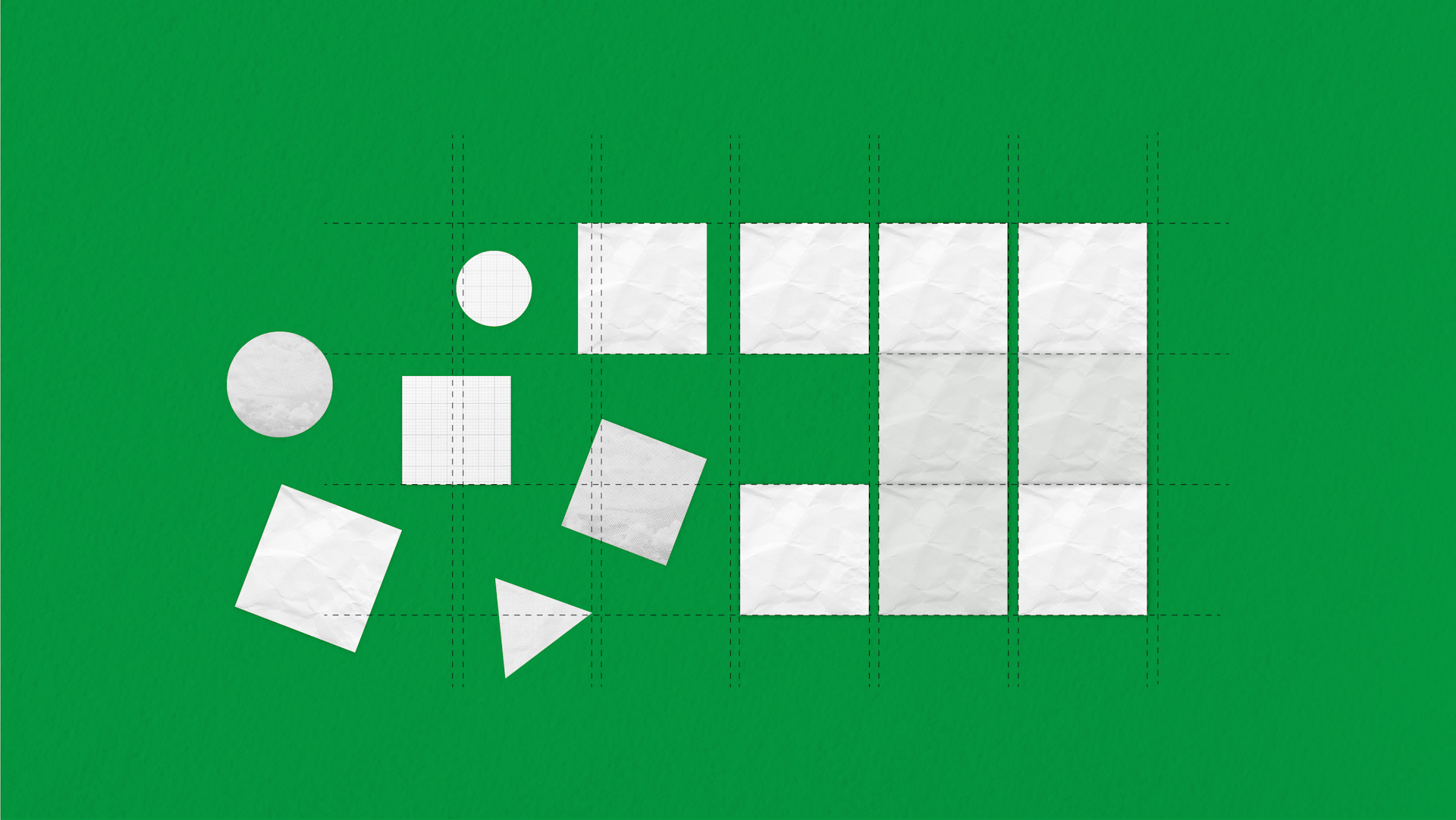 Blocks move into a more organised formation from left to right, on a green background. 