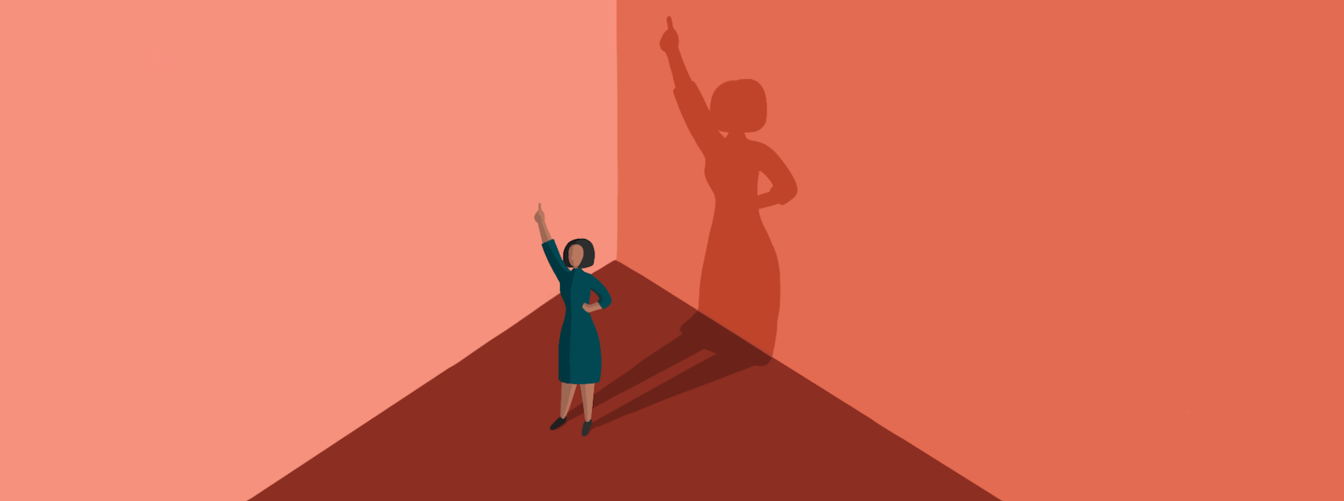 Illustration of a woman in the corner of a room with red walls and a red floor. She has one hand on her hip and one hand pointing into the air. Her shadow is cast on the wall behind her, much larger than her actual size.