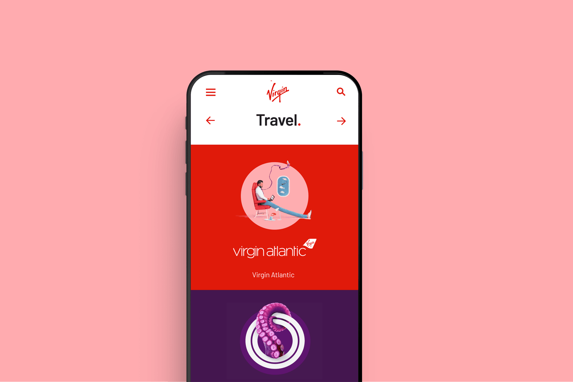 A mobile device containing the virgin.com travel page. 