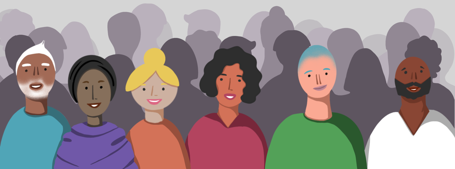 An illustration of a group of people, all shown smiling and wearing different coloured tops, with silhouettes behind them to depict a crowd.