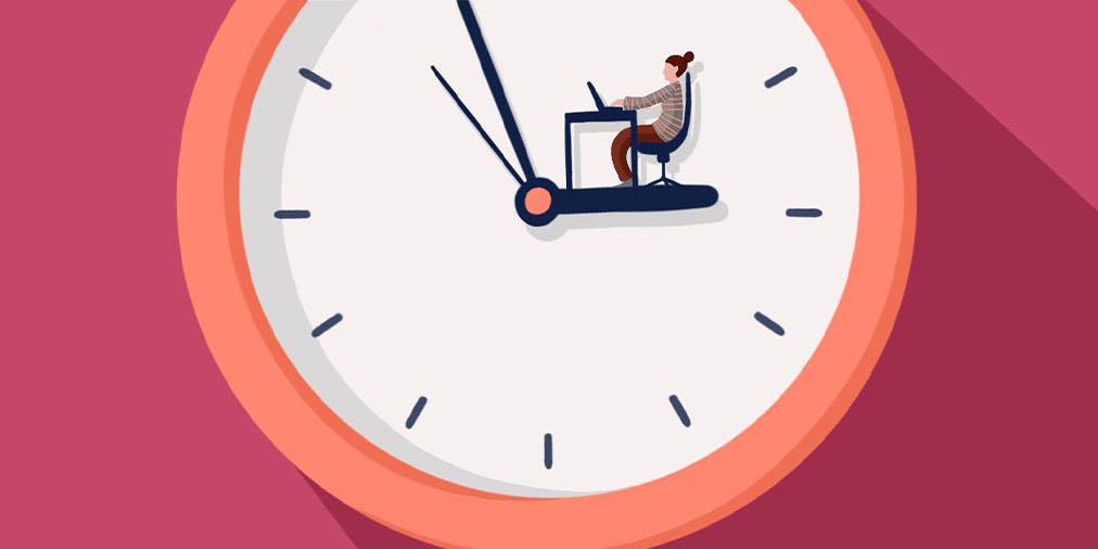 Abstract illustration of a clock face showing 3 o'clock with a woman sitting on the hour hand working at a desk