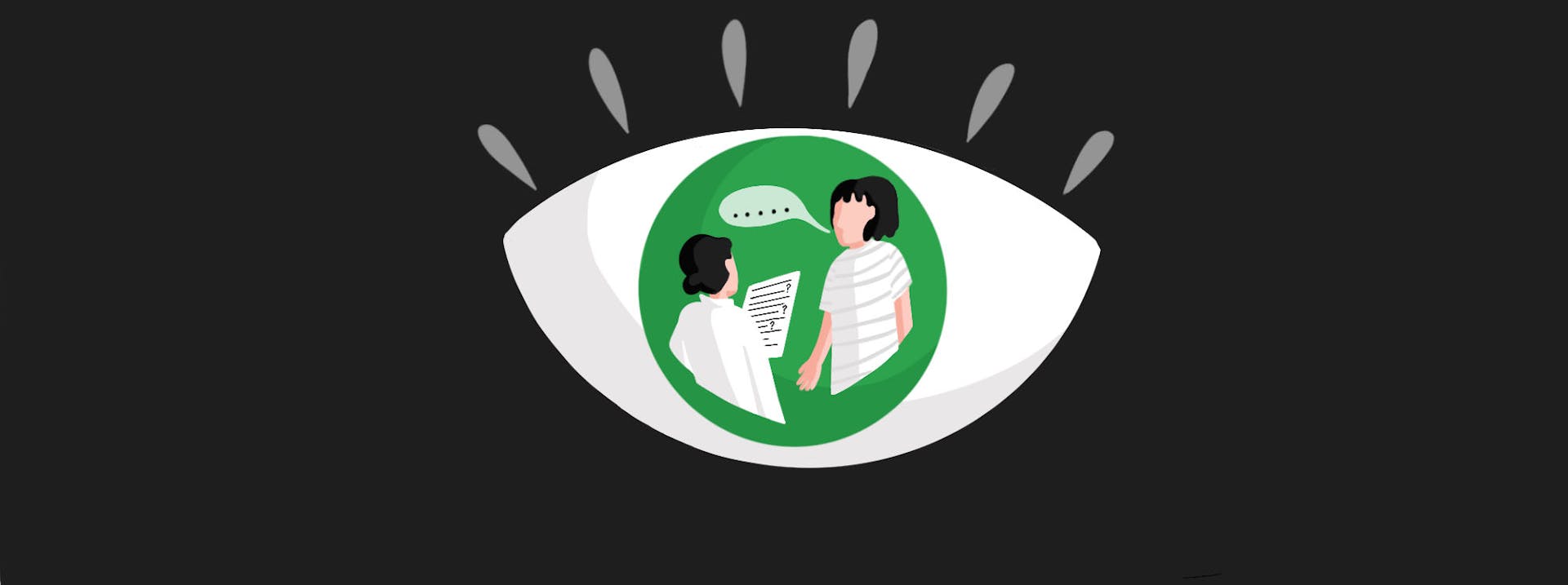 Illustration of an eye with a green iris, and inside the iris are two people: one holds a script and the other is speaking