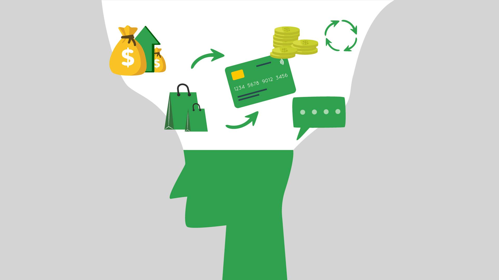 Illustration of the top of a green head exploding with retail and payment icons.