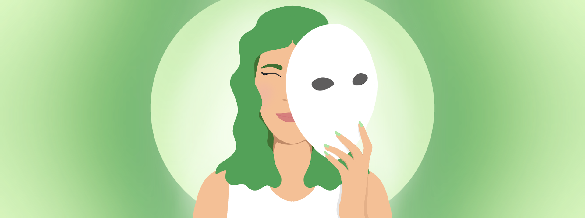 Illustration of a person revealing their face from behind a mask.