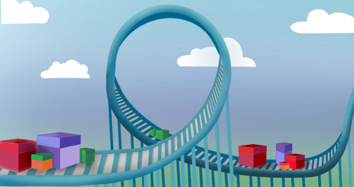 A rollercoaster with parcels on the track.