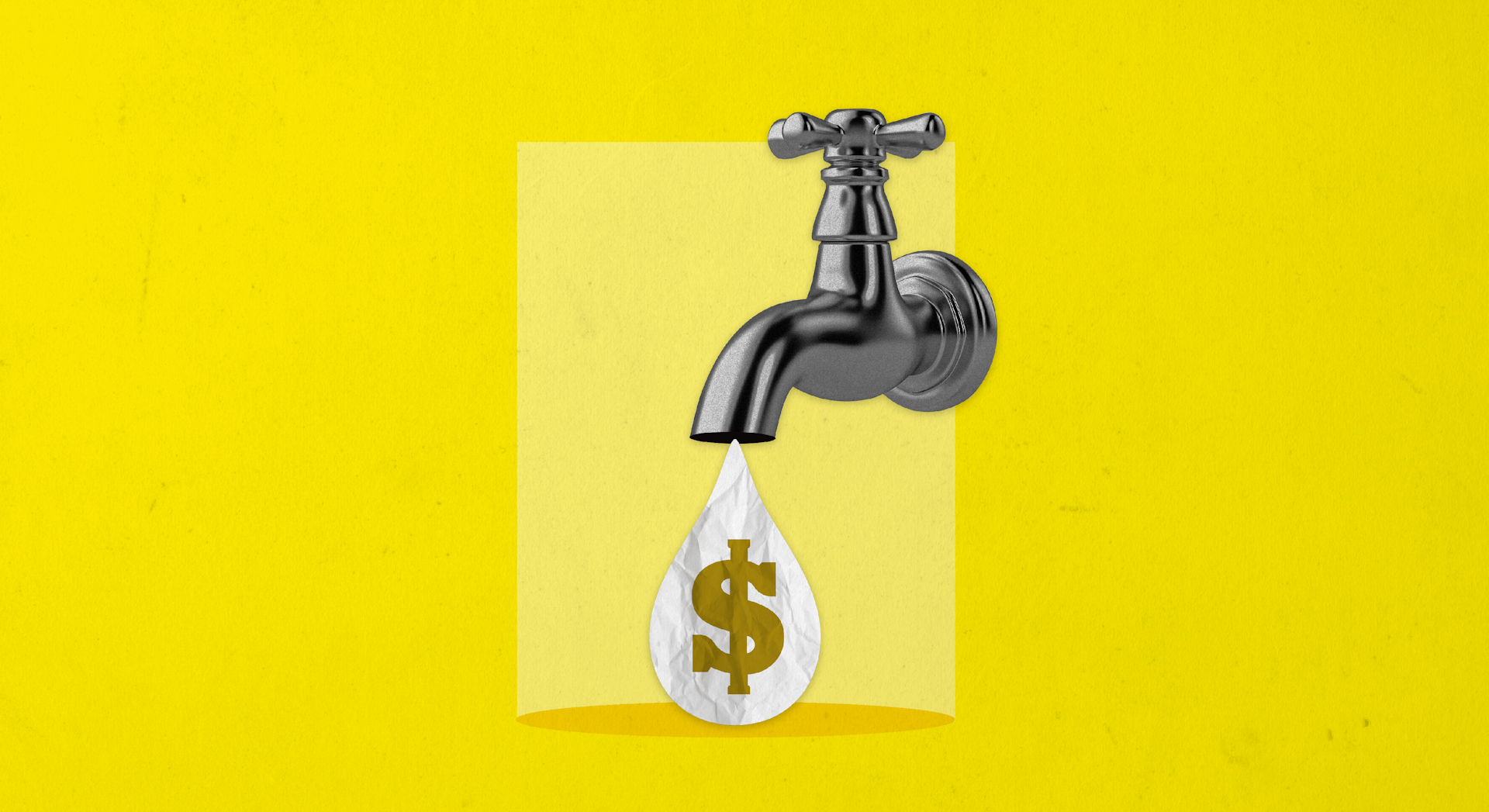 A collage of a silver tap on a yellow background. A white water drip emerges from the tap with a dollar sign on.