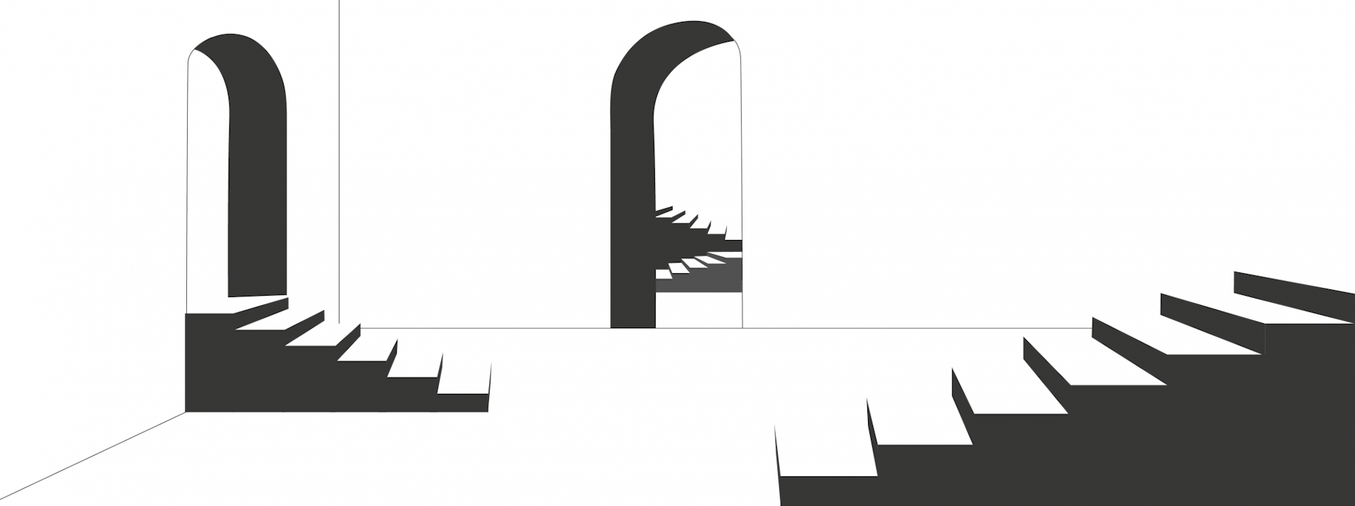 An illustration of two open archways with steps leading up to them, with another set of steps in the foreground.