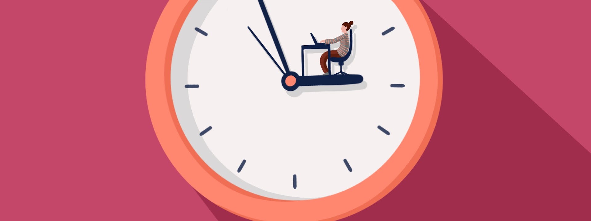 Abstract illustration of a clock showing 3 o'clock with a woman sitting on the hour hand working at a desk 