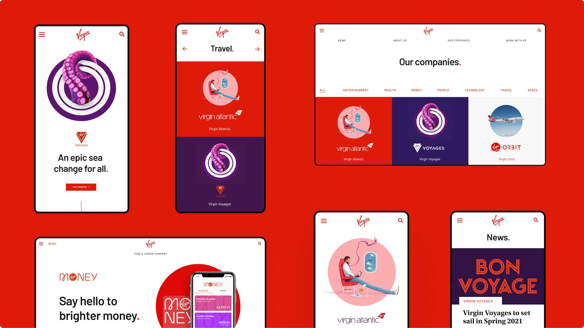Images taken from across the Virgin.com experience showing the breadth of application.  