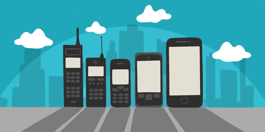 Illustration of a row of mobile phones from an old 1990s handset to a modern smartphone, with a blue background studded with white fluffy clouds