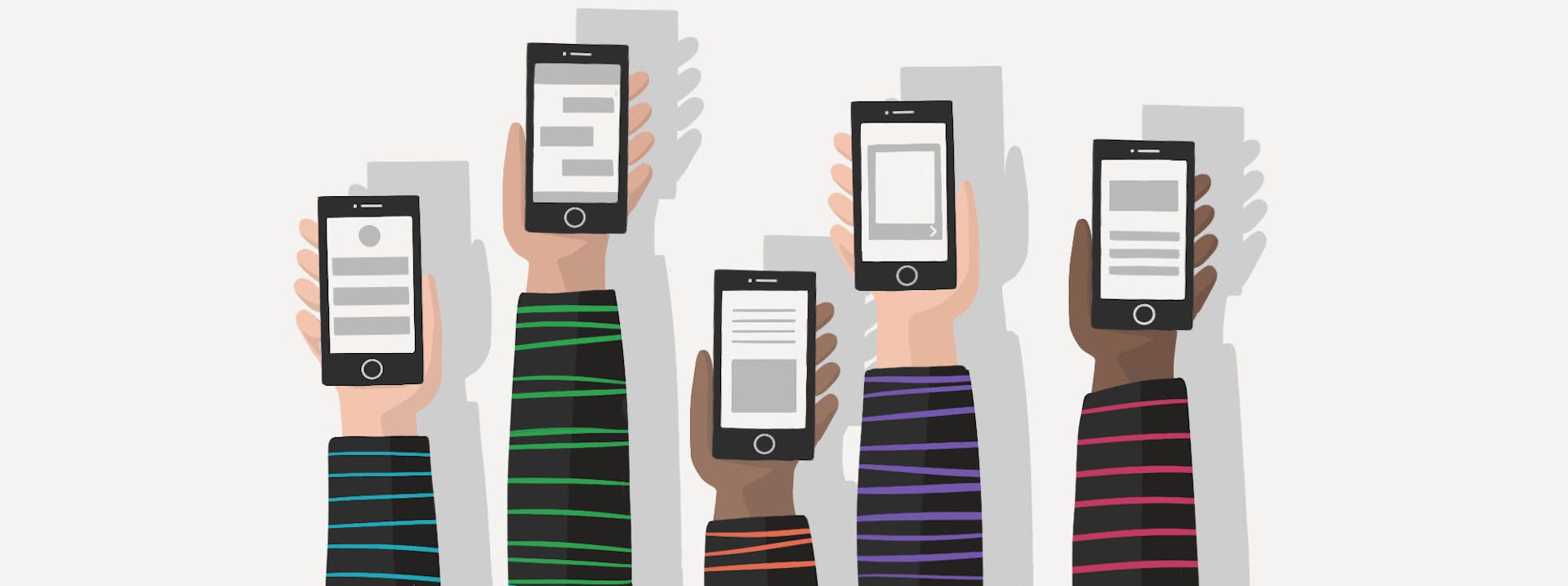 Illustration of five hands holding up smartphones