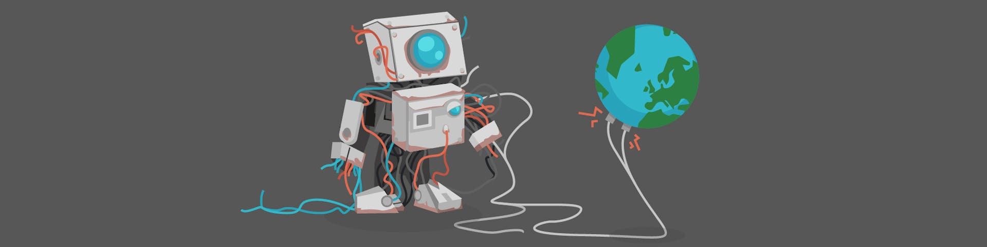 A rusty robot connected to a globe. 