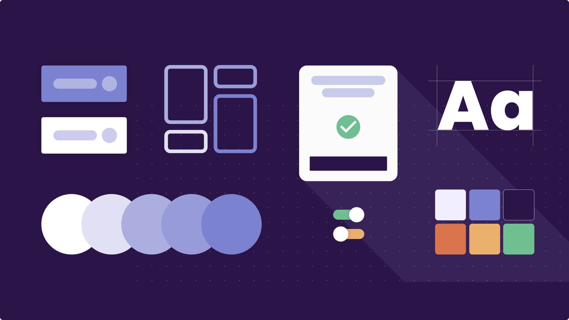 Elements of a design system, set on a dark purple background. Elements of a design system, set on a dark purple background.