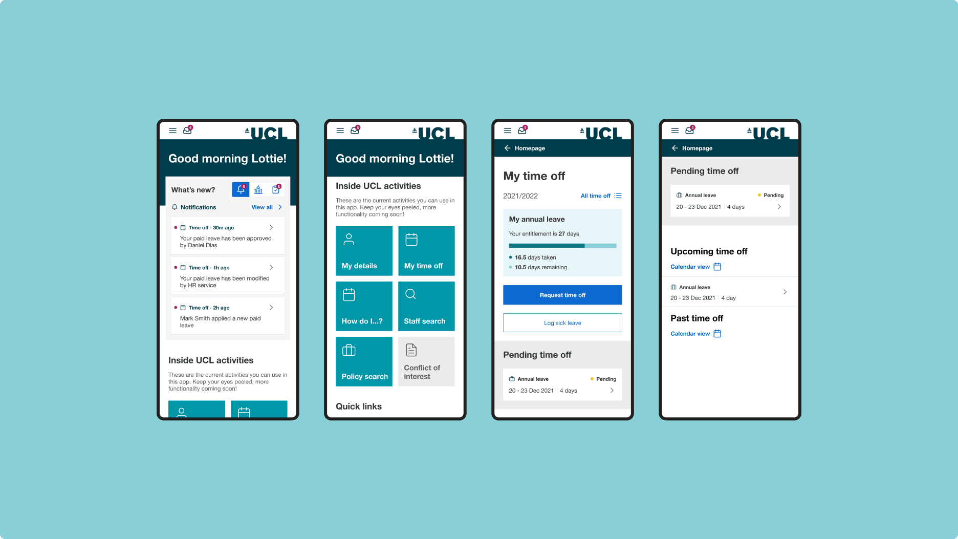 A row of four smartphone mockups showing screens of the UCL employee experience platform A row of four smartphone mockups showing screens of the UCL employee experience platform