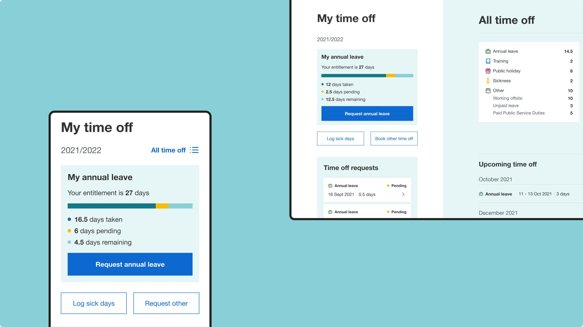 Screenshot of screen to book time off in UCL employee experience platform Screenshot of screen to book time off in UCL employee experience platform