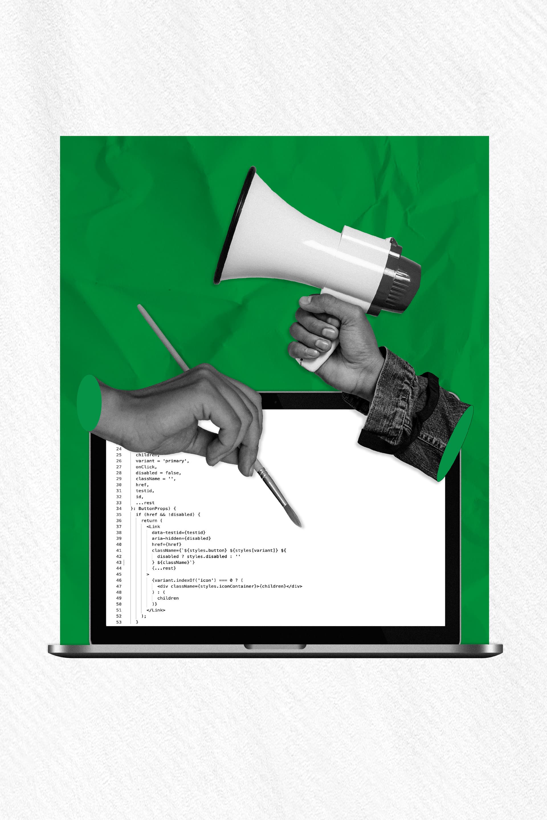 Illustration of a laptop on green background flanked by one hand holding a megaphone and another holding a paintbrush Illustration of a laptop on green background flanked by one hand holding a megaphone and another holding a paintbrush