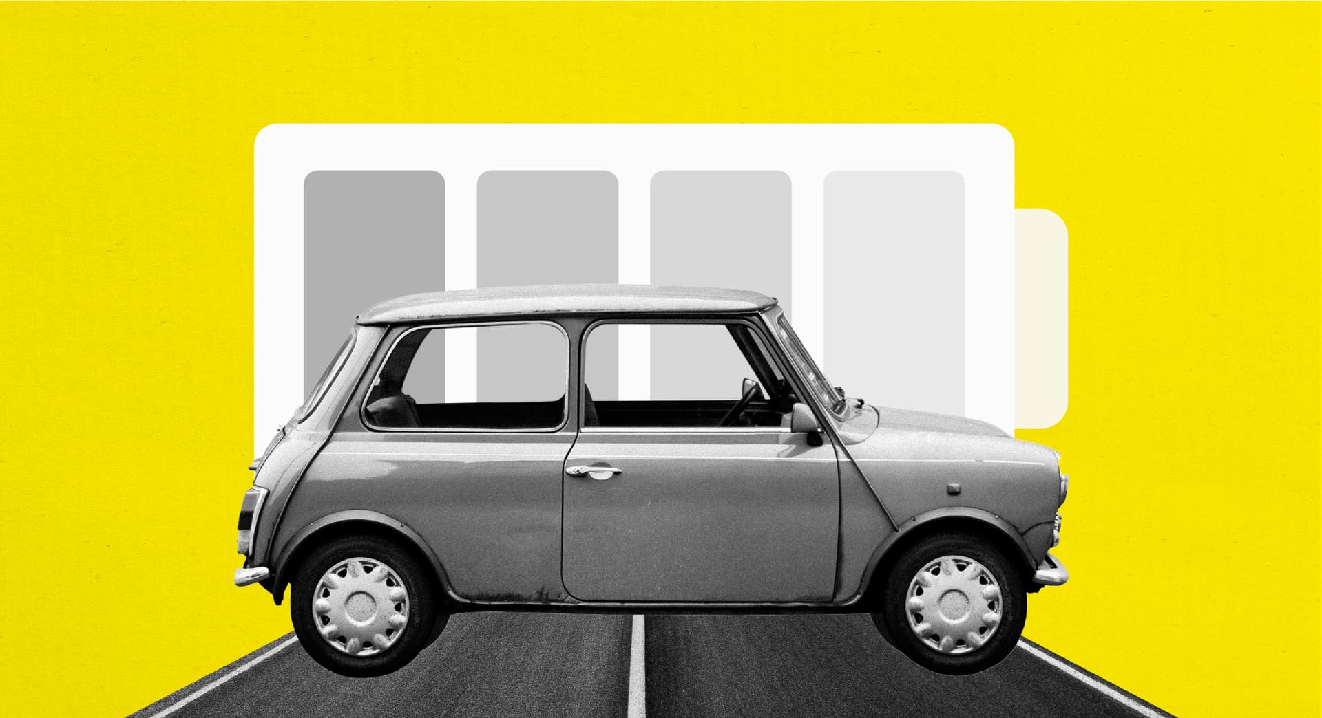 An illustration of a mini cooper car on a yellow background with a battery symbol.  An illustration of a mini cooper car on a yellow background with a battery symbol.