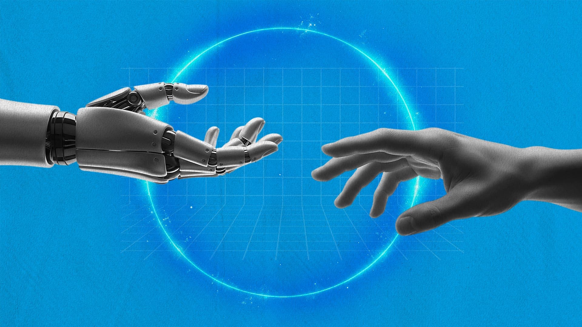 A human hand and a robotic hand reaching toward each other, symbolizing collaboration between people and artificial intelligence. A human hand and a robotic hand reaching toward each other, symbolizing collaboration between people and artificial intelligence.