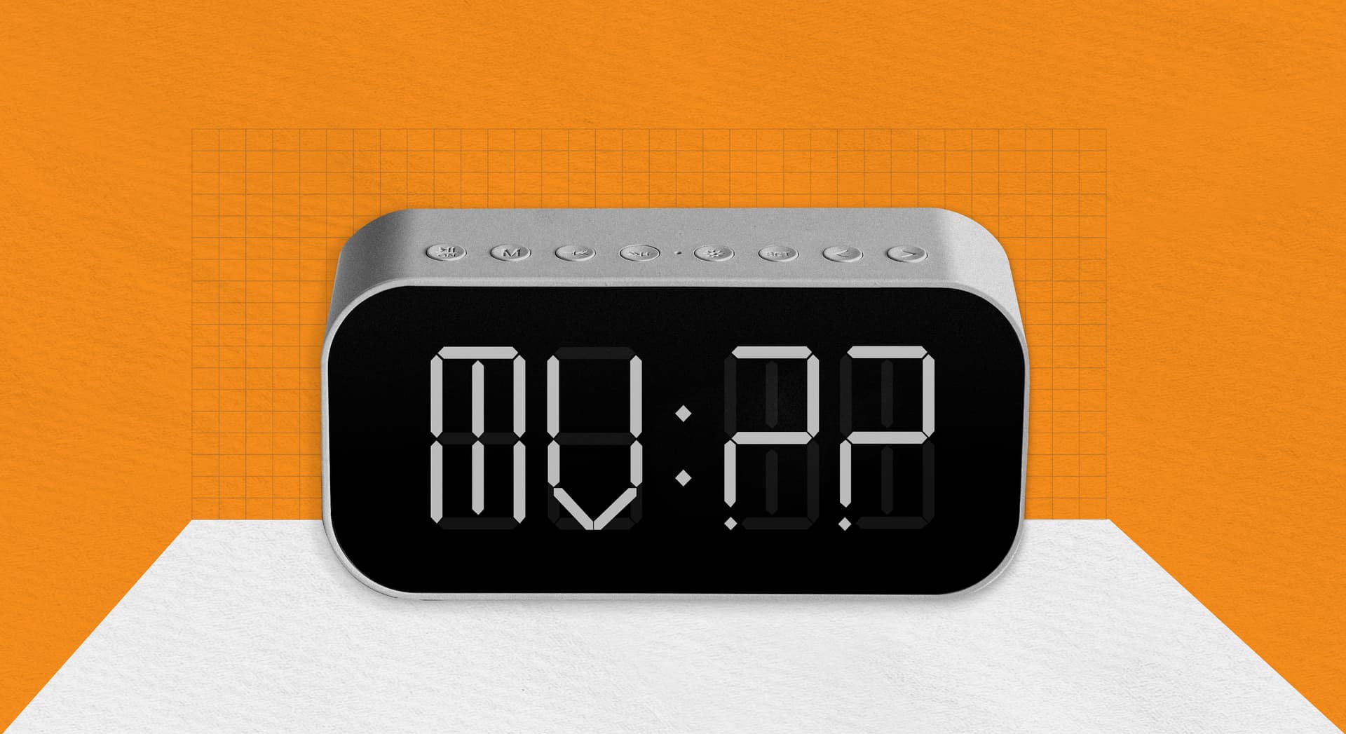 An illustration of an alarm clock with MV:?? on the face, on an orange background An illustration of an alarm clock with MV:?? on the face, on an orange background