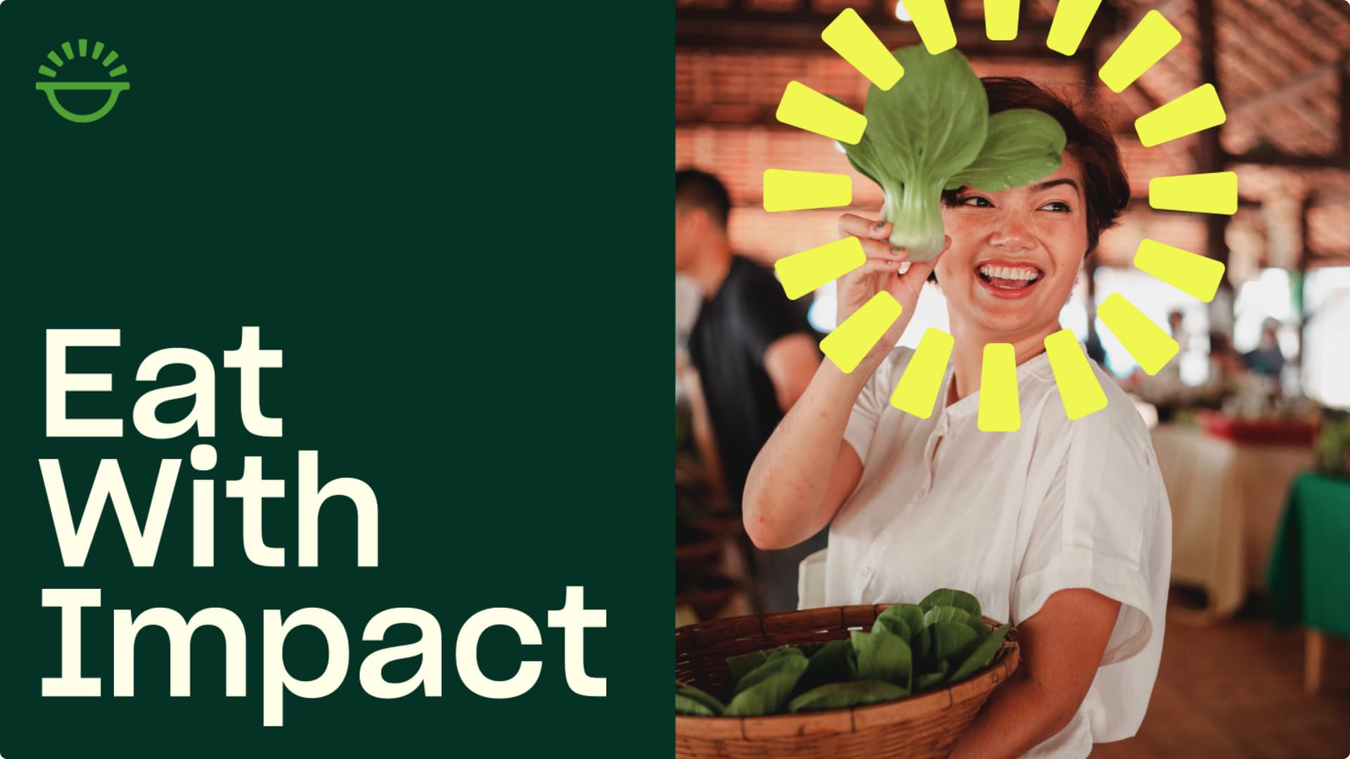 A woman holding up a pak choi vegetable and smiling with text overlay reading "Eat with impact" A woman holding up a pak choi vegetable and smiling with text overlay reading "Eat with impact"