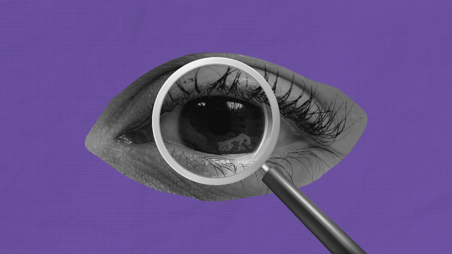 Stylised close-up of a human eye viewed through a magnifying glass against a bright blue background. Stylised close-up of a human eye viewed through a magnifying glass against a bright blue background.