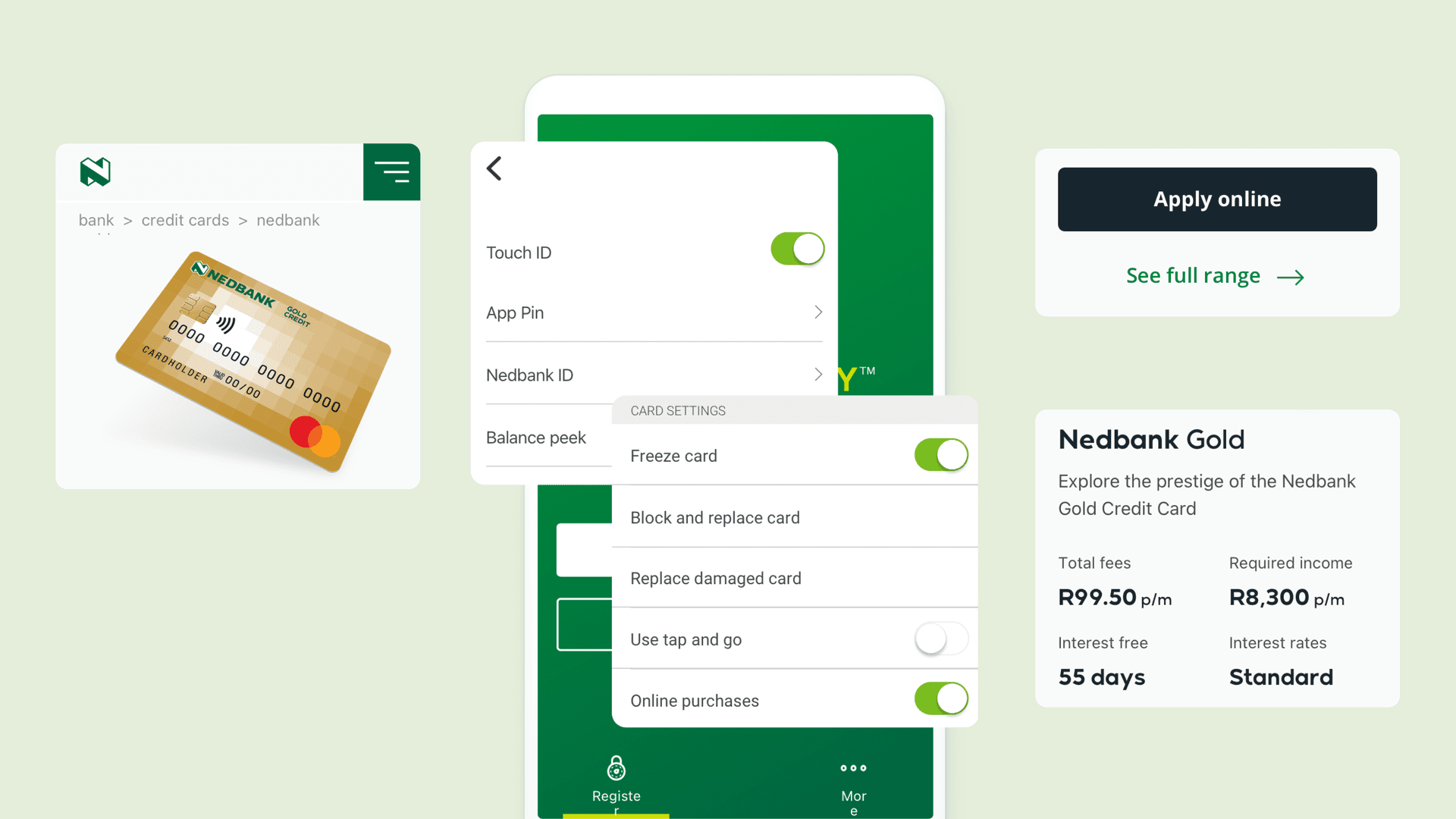 A selection of mobile banking screens, showing how to edit card settings.