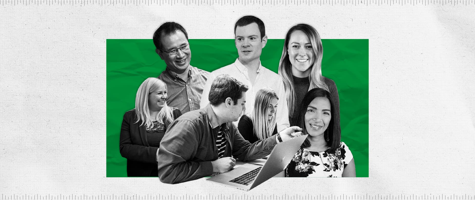 A collage effect image of people from Foolproof working together and smiling at the camera A collage effect image of people from Foolproof working together and smiling at the camera