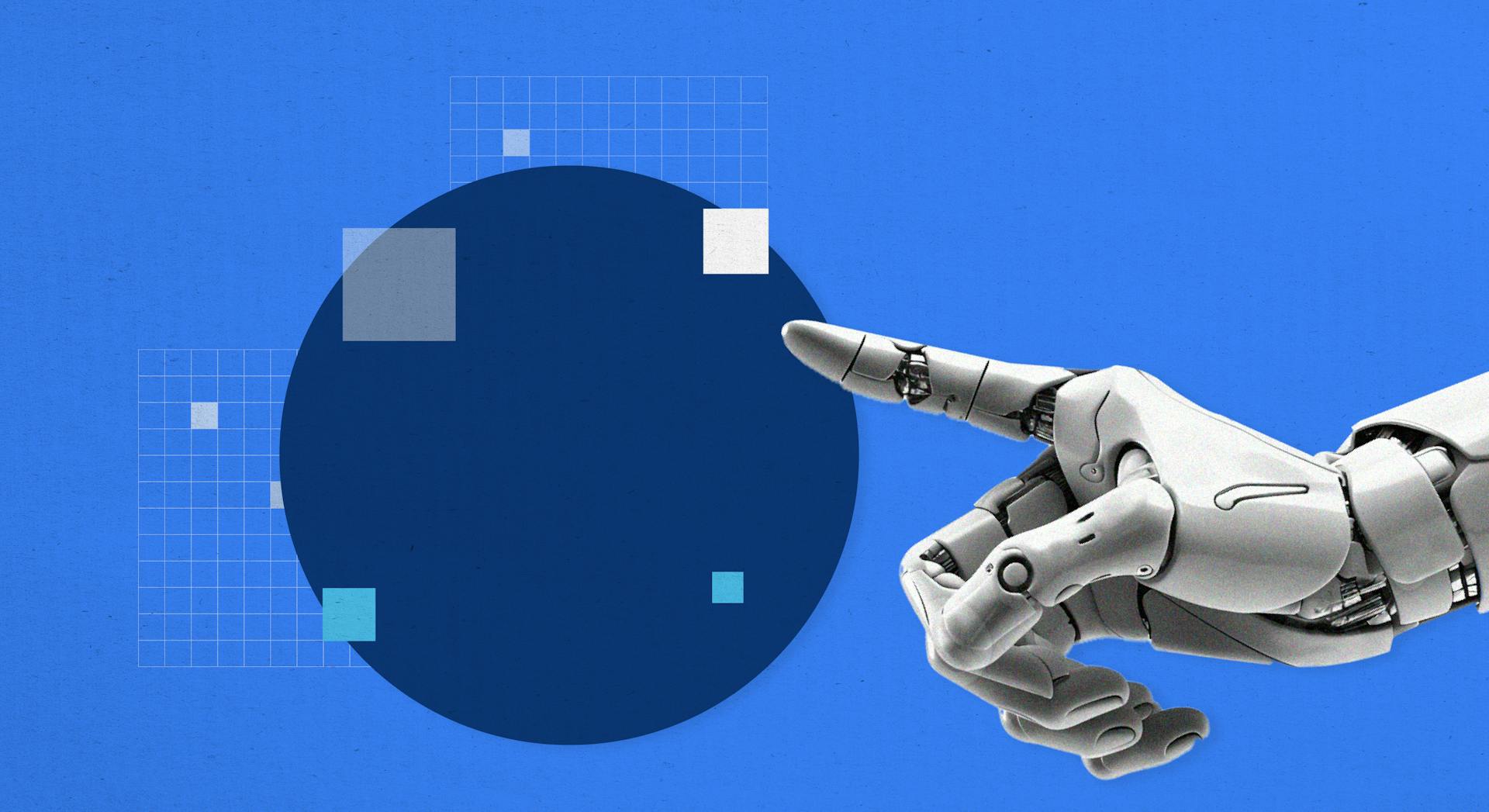 This is an illustration. A robot hand points to a dark blue circle on a blue background. 