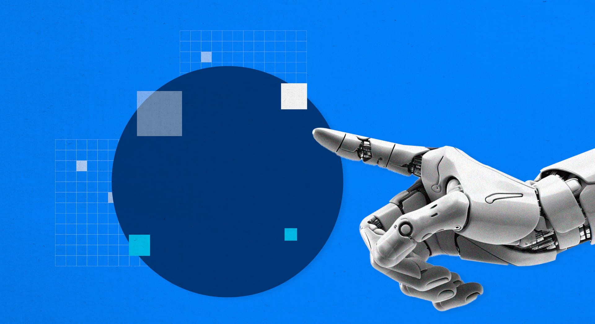 This is an illustration. A robot hand points to a dark blue circle on a blue background. 